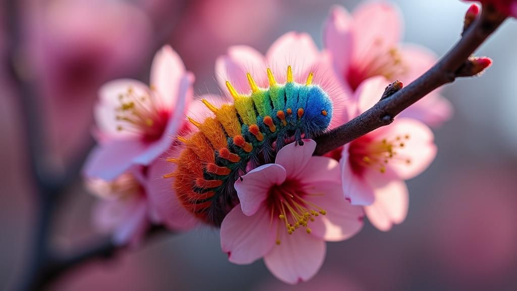 Crystalline Caterpillar on Cherry Blossoms Macro Photograph