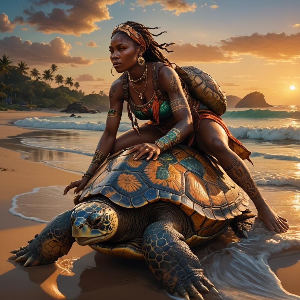 Woman Rides Turtle with Luminous Tattoos at Dusk