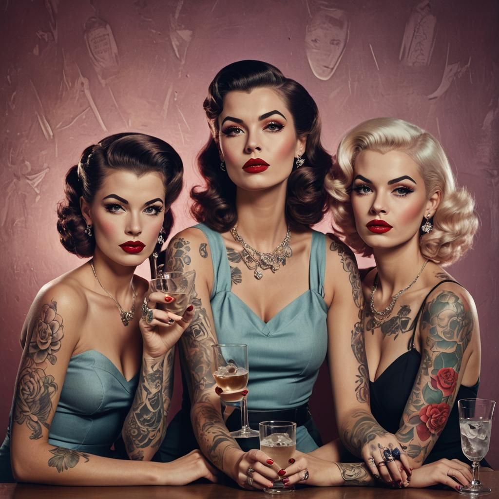 Pin-up style portrait. Medium shot. 3 women with tattoos, vo...