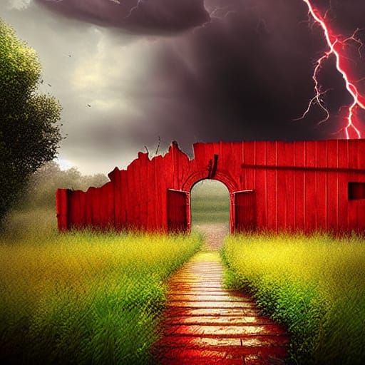 Red Door in Thunderstorm, Digital Matte Painting