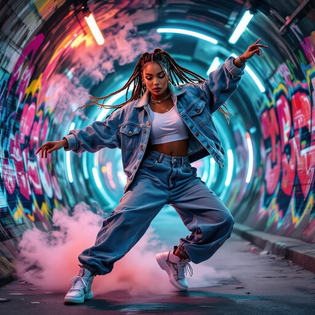 Hip Hop Dancer Mid-Spin in Graffiti Tunnel