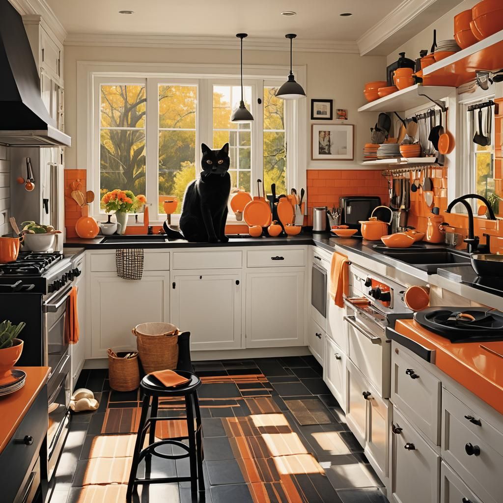 Cozy Kitchen with Black Cat in Orange Light