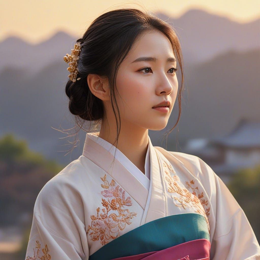 Korean Woman in Hanbok with Wind-Swept Hair