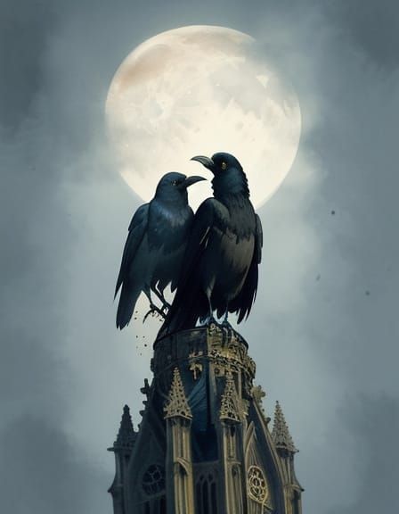 Gothic Watercolour Ravens on Cathedral Spire