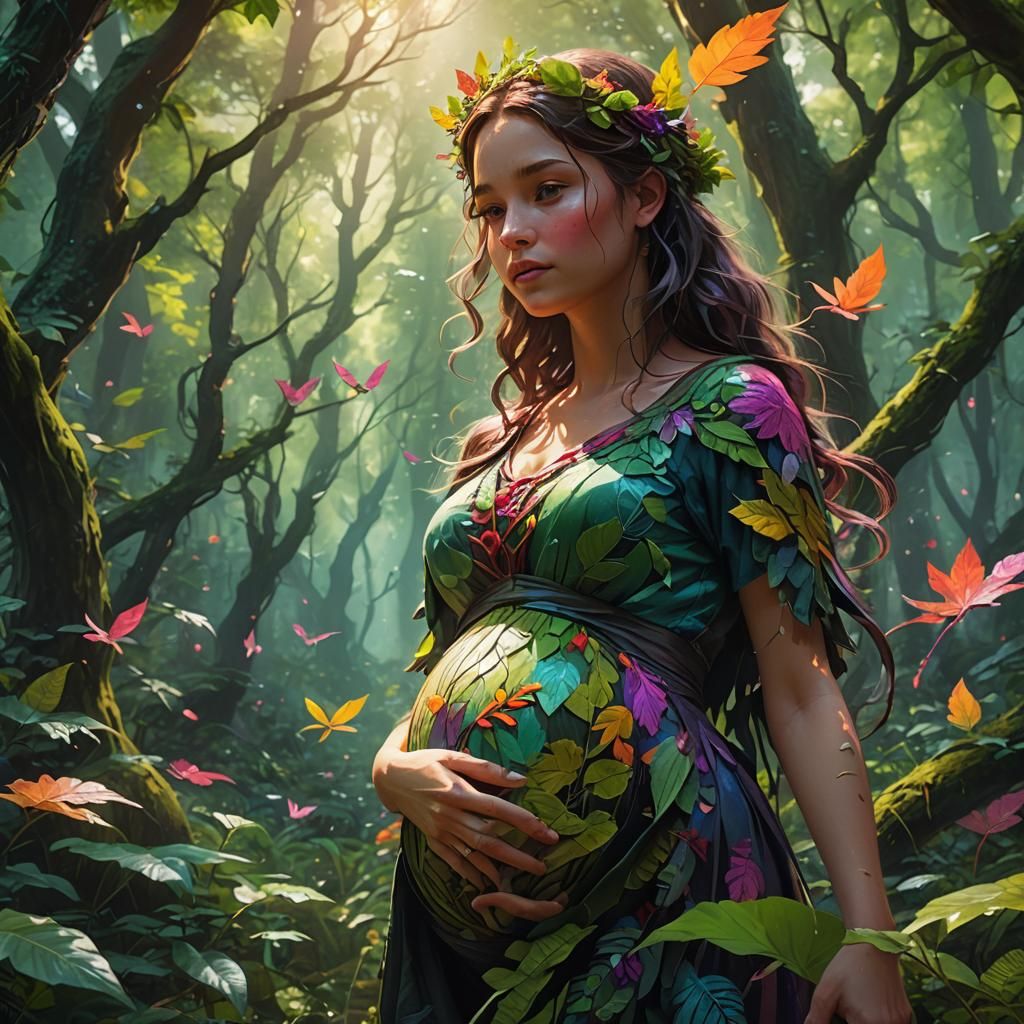 Pregnant Girl in Lush Forest: Fantasy Concept Art
