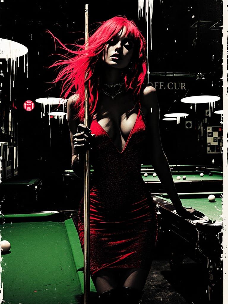 Red-Haired Woman in Pool Hall, Warhol-Longo Style