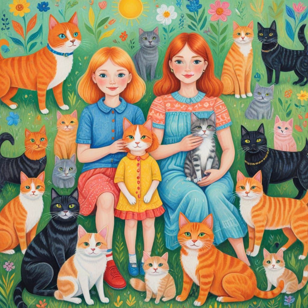 Whimsical Family Portrait with Pets in Naive Art Style