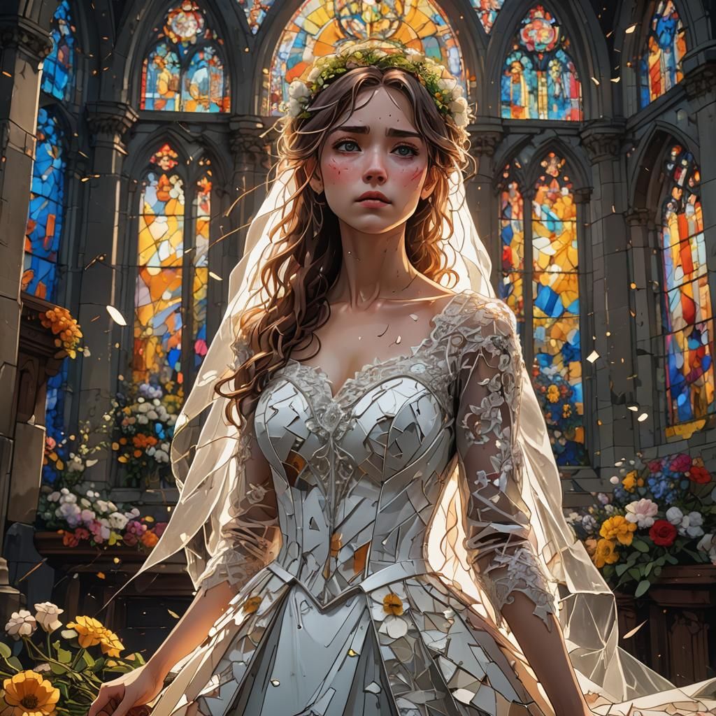 Anime Bride in Ruined Church, Cel-Shaded Style