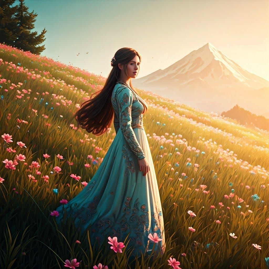 Woman in Art Nouveau-Style Floral Landscape