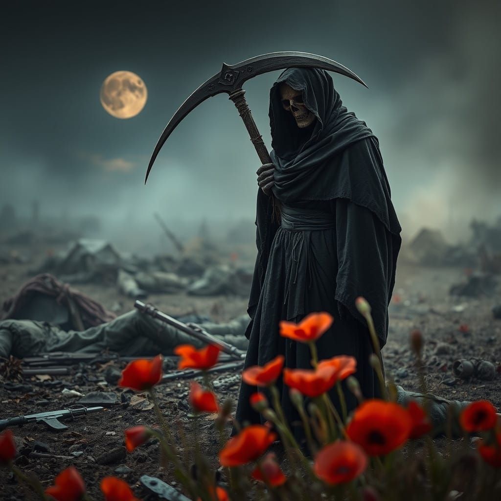 The Grim Reaper Stands Amidst a Haunting Battlefield Scene
