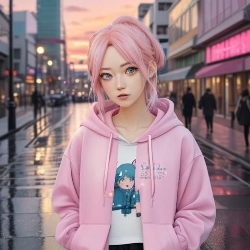Anime Girl with Pink Hair in Kawaii Style