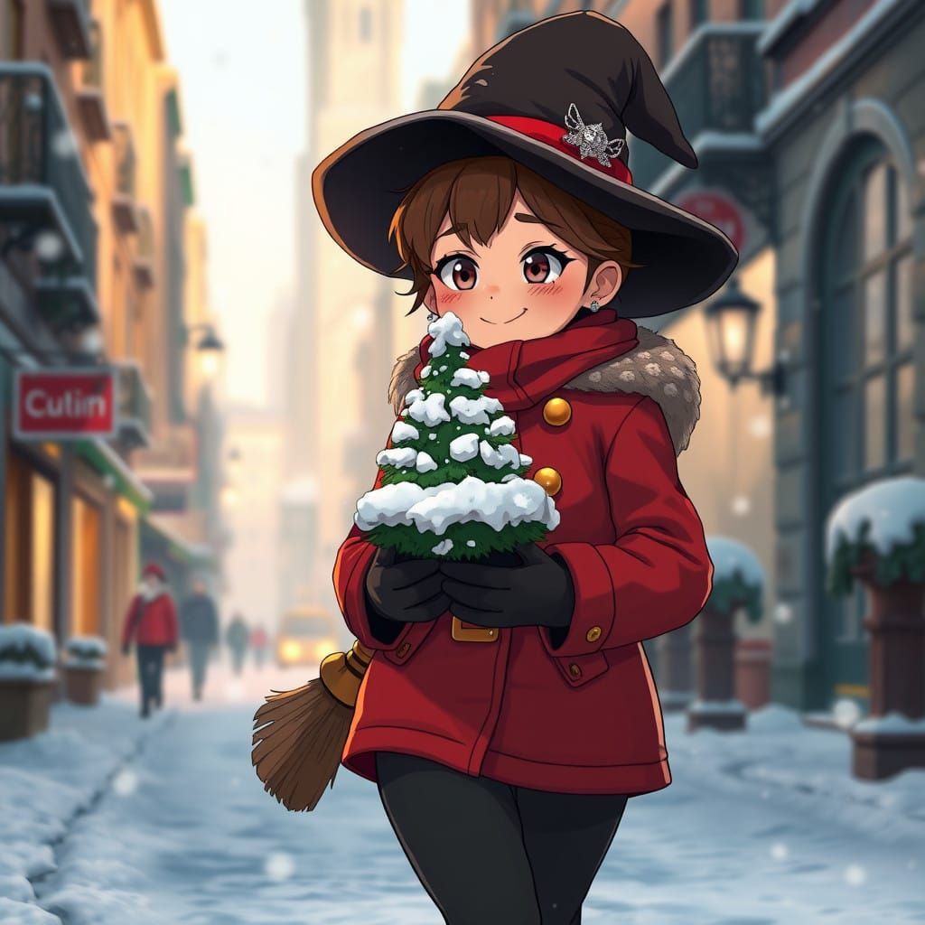 Chubby Witch Witches Through Winter City in Festive Snow