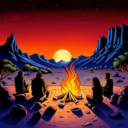 Desert Campfire at Dusk Under Starry Sky