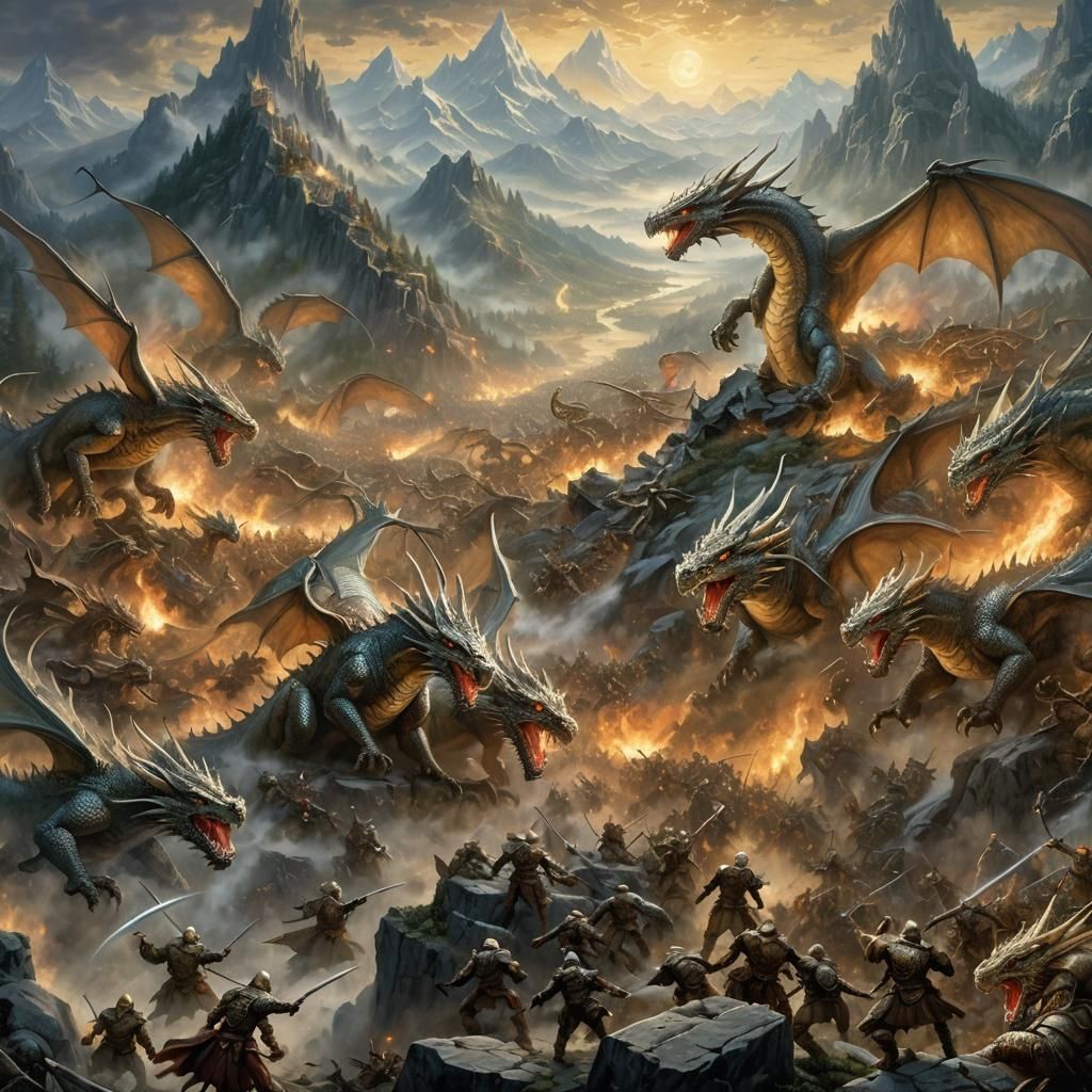 Epic Dragon Battle in Misty Fantasy Landscape