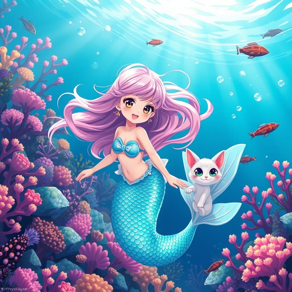 Mermaid Girl Surrounded by Marine Life in a Vibrant Anime Wo...
