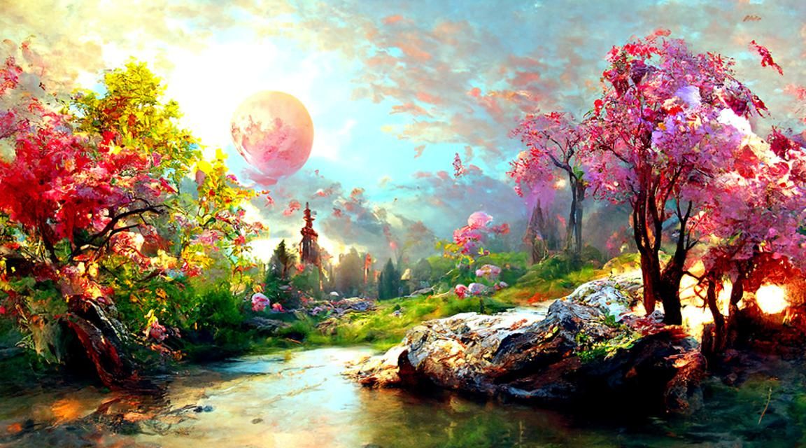 Ethereal Pink Forest Landscape Oil Painting