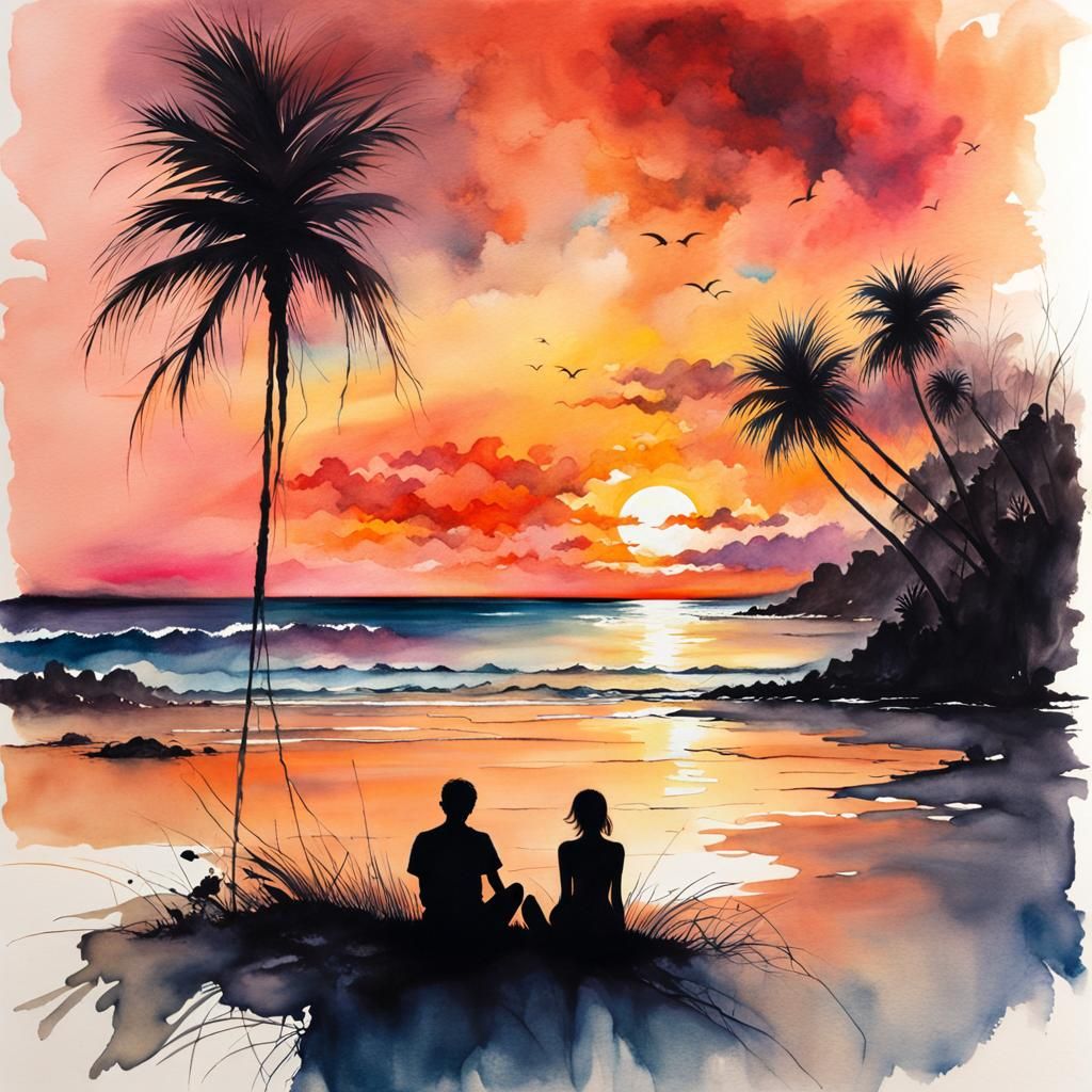 Watercolor Sunset Beach with Silhouetted Couple