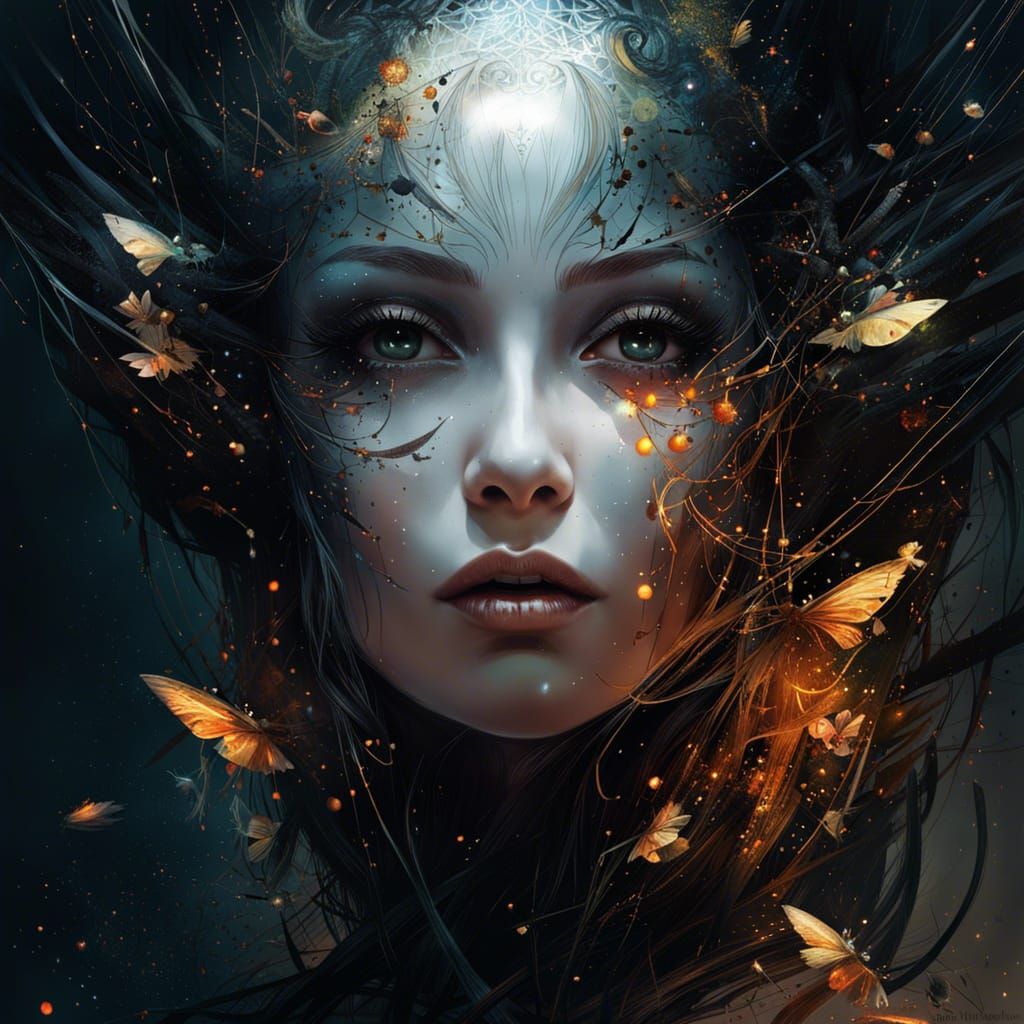 Halloween Goddess with Fireflies in Digital Art Style