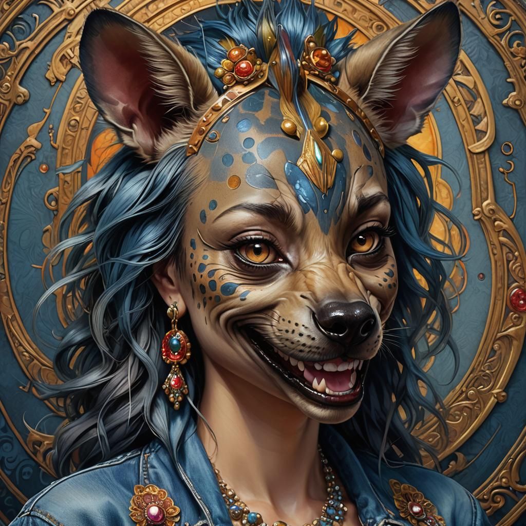 Denim Hyena Portrait: Whimsical Art, Manic Laughter