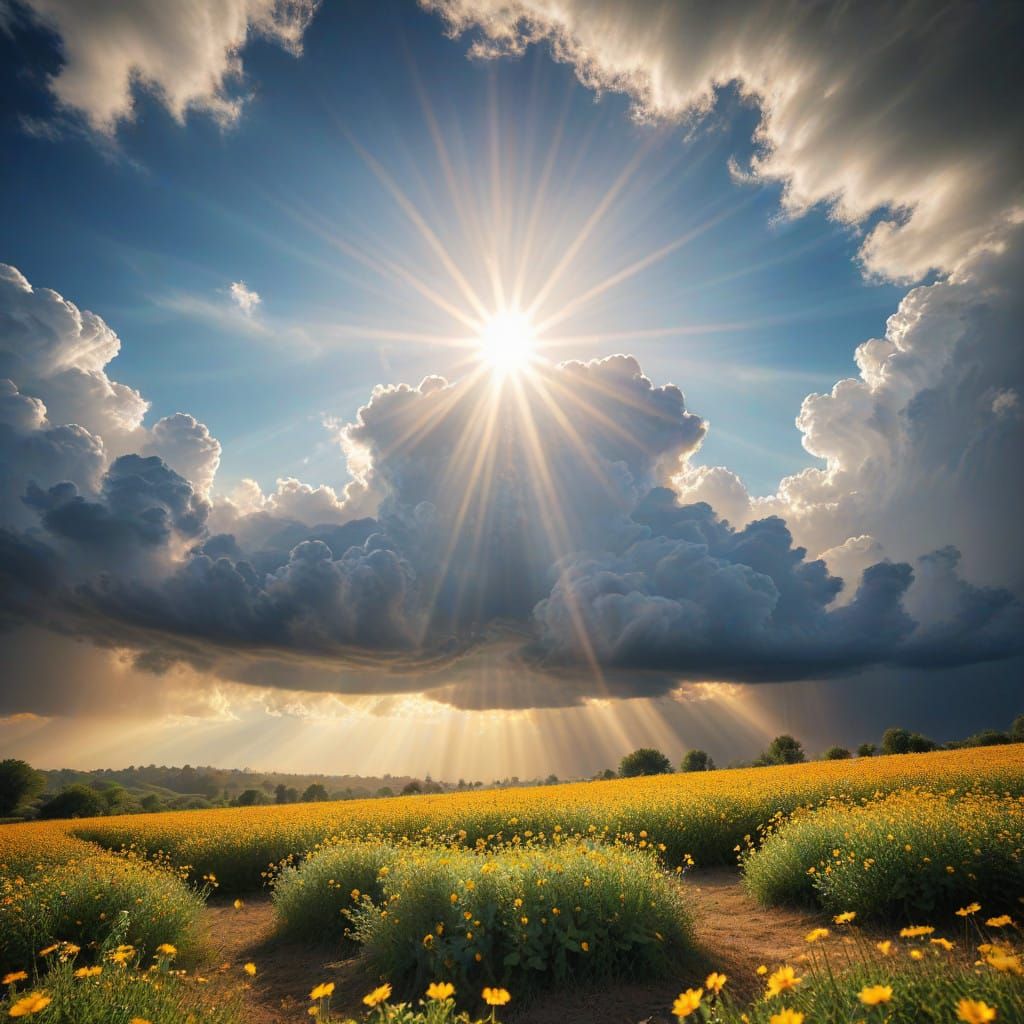Divine Heavenly Light Descends from the Clouds in a Brillian...