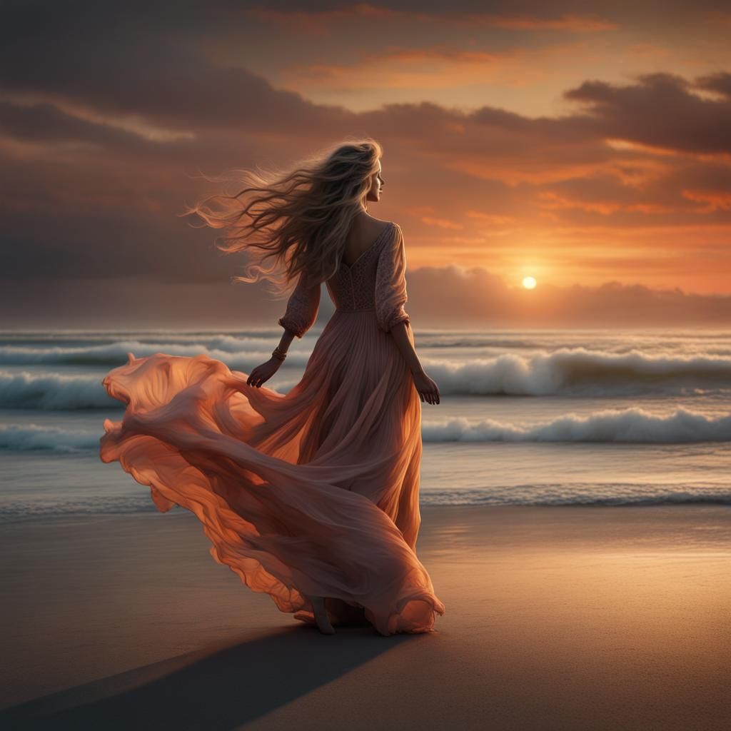 Woman in Flowing Dress at Sunset Beach