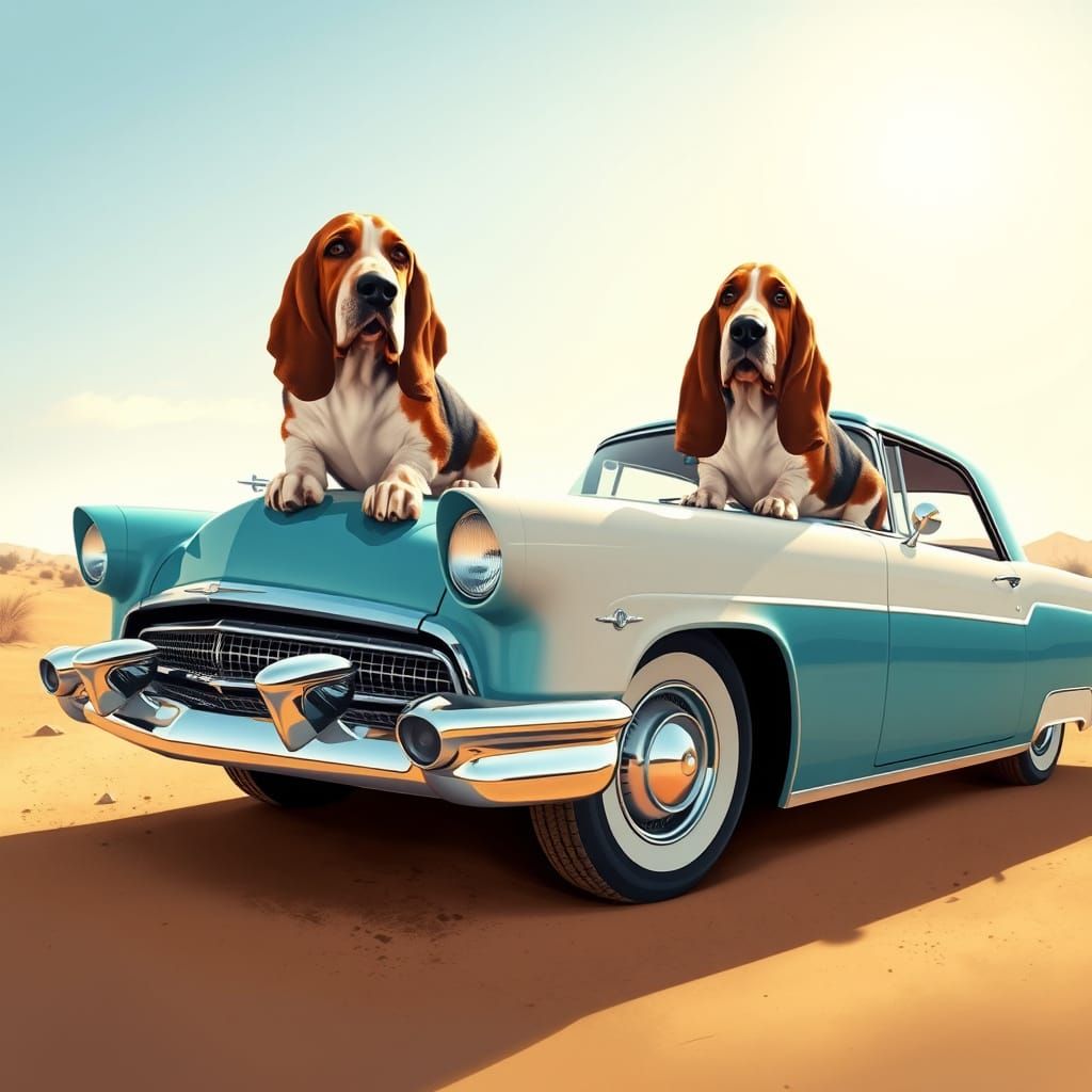 Basset Hound Poses on a 1955 Lincoln Continental