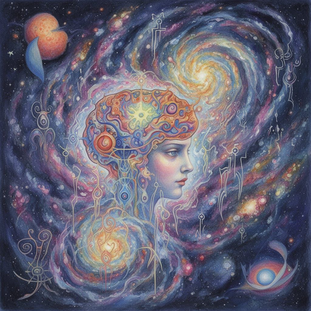 Alien Mindscape Watercolor: Cosmic Nebulae and Glyphs