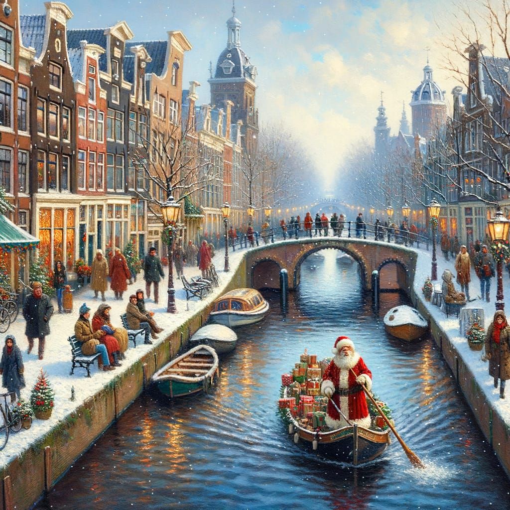 Amsterdam Canals in Winter as Oil Painting