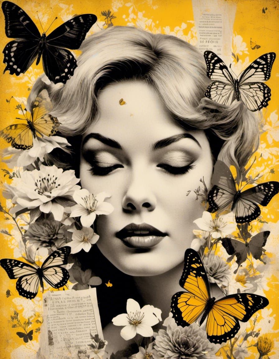 Vintage Collage Portrait of a Woman with Butterflies