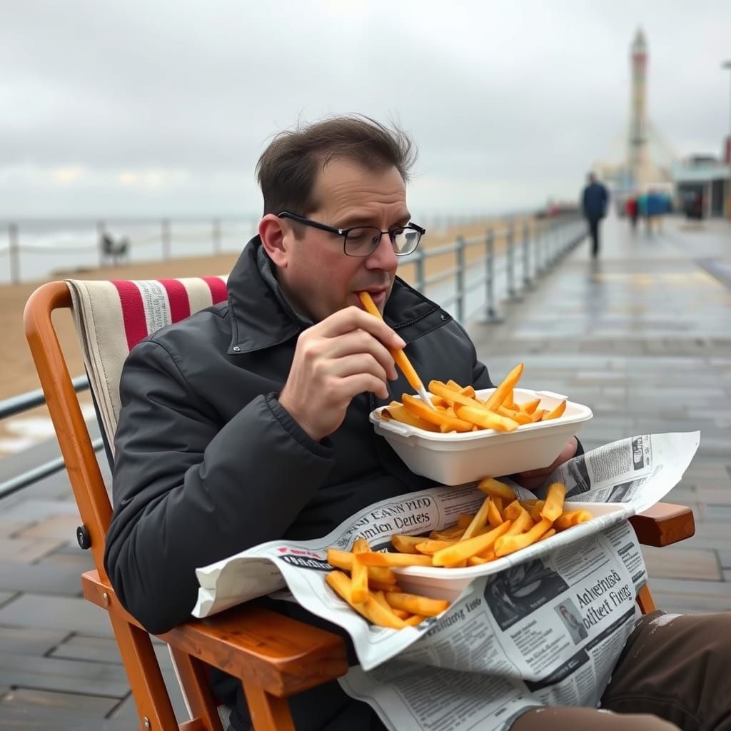 Blackpool Promenade: Man Enjoying Fish and Chips