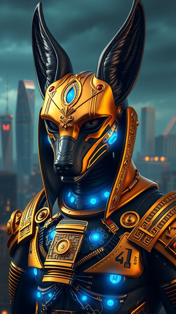 Anubis in Cyberpunk Armor with Golden Plates