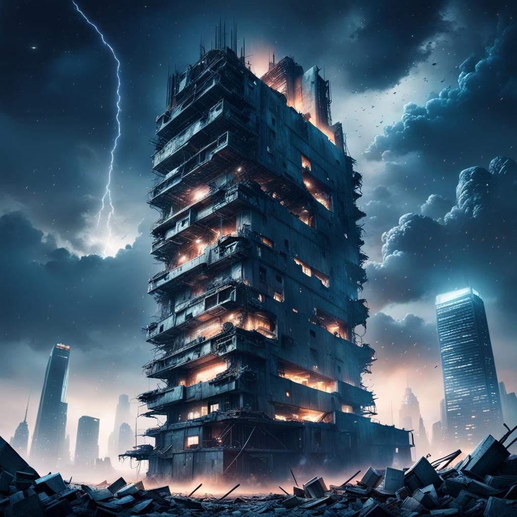 Post-Apocalyptic Skyscraper at Night: Digital Matte Painting