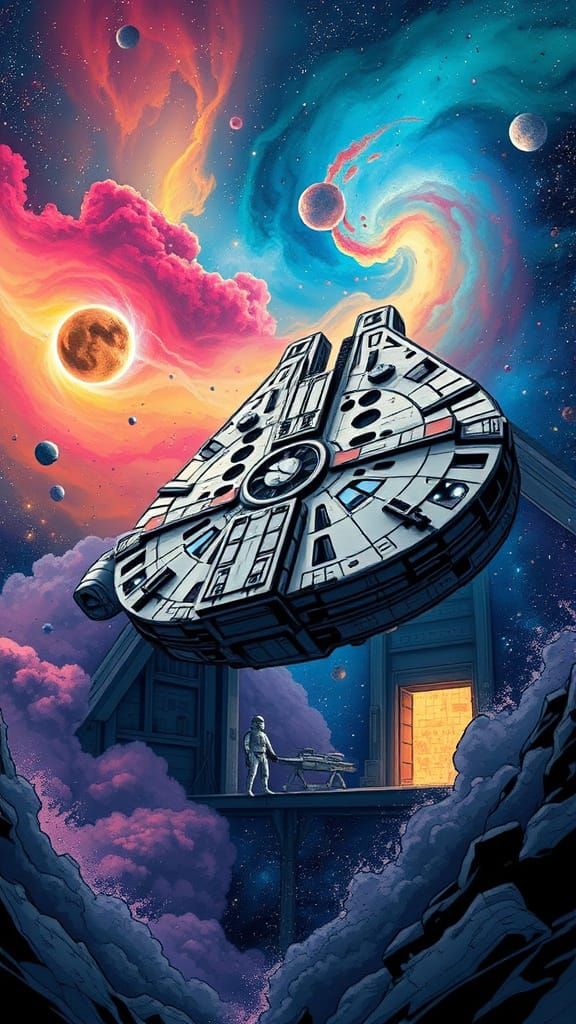 The Millennium Falcon in a Nebula Hangar, in Vibrant Comic B...