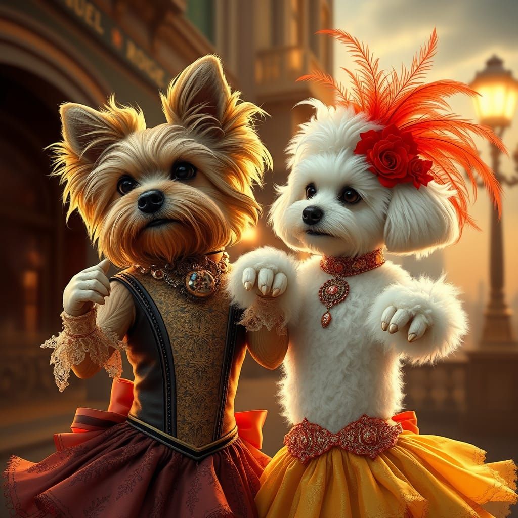 French Canine Dancers in Moulin Rouge Attire