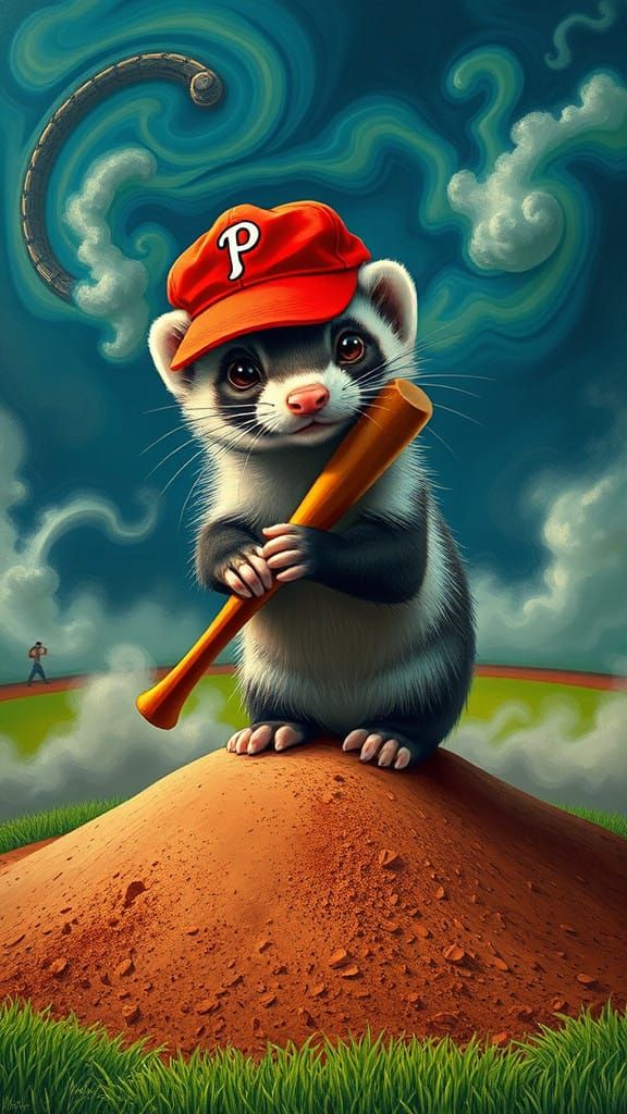 Surreal Ferret Baseball Whimsy in Vibrant Colors