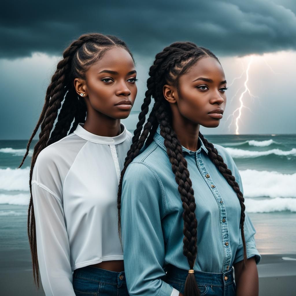 Girls with Braids in Stormy Seascape Portrait