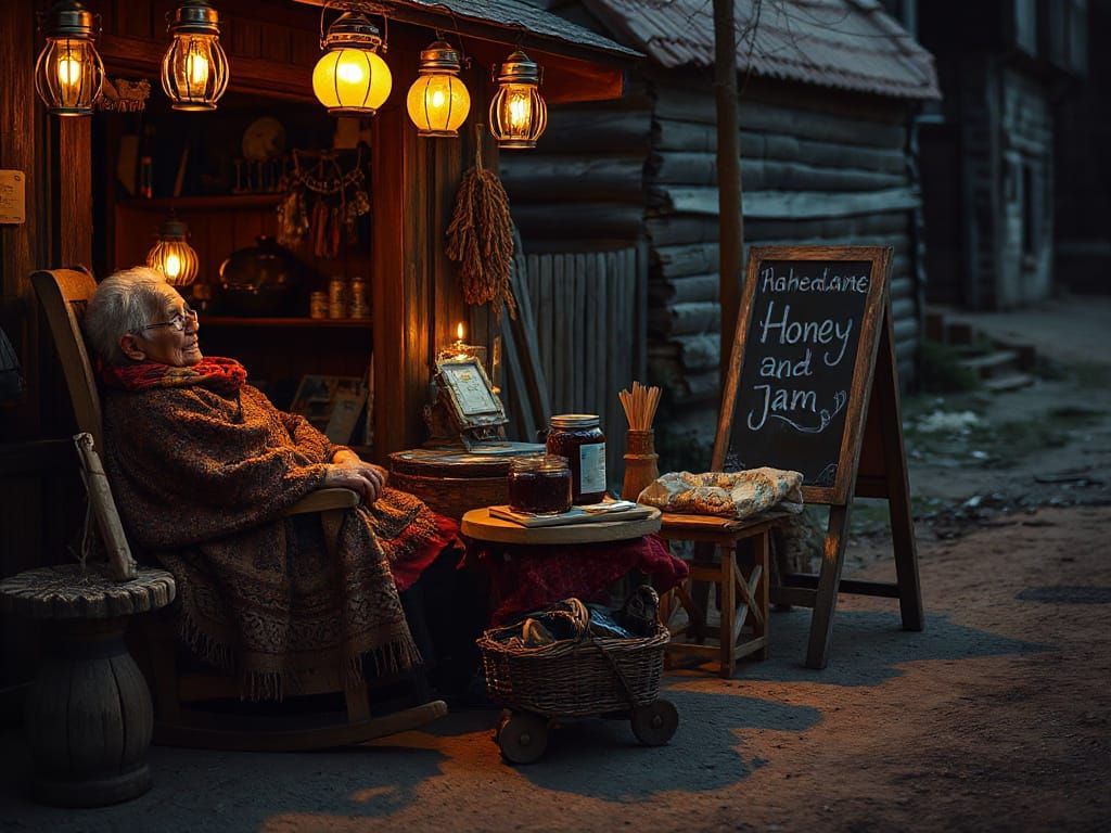 Elderly Granny Sells Honey and Jam by Lantern Light