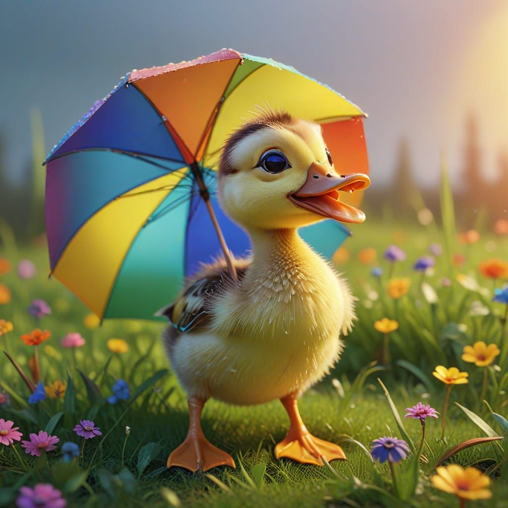 Whimsical Duckling in Rainbow Umbrella Hat
