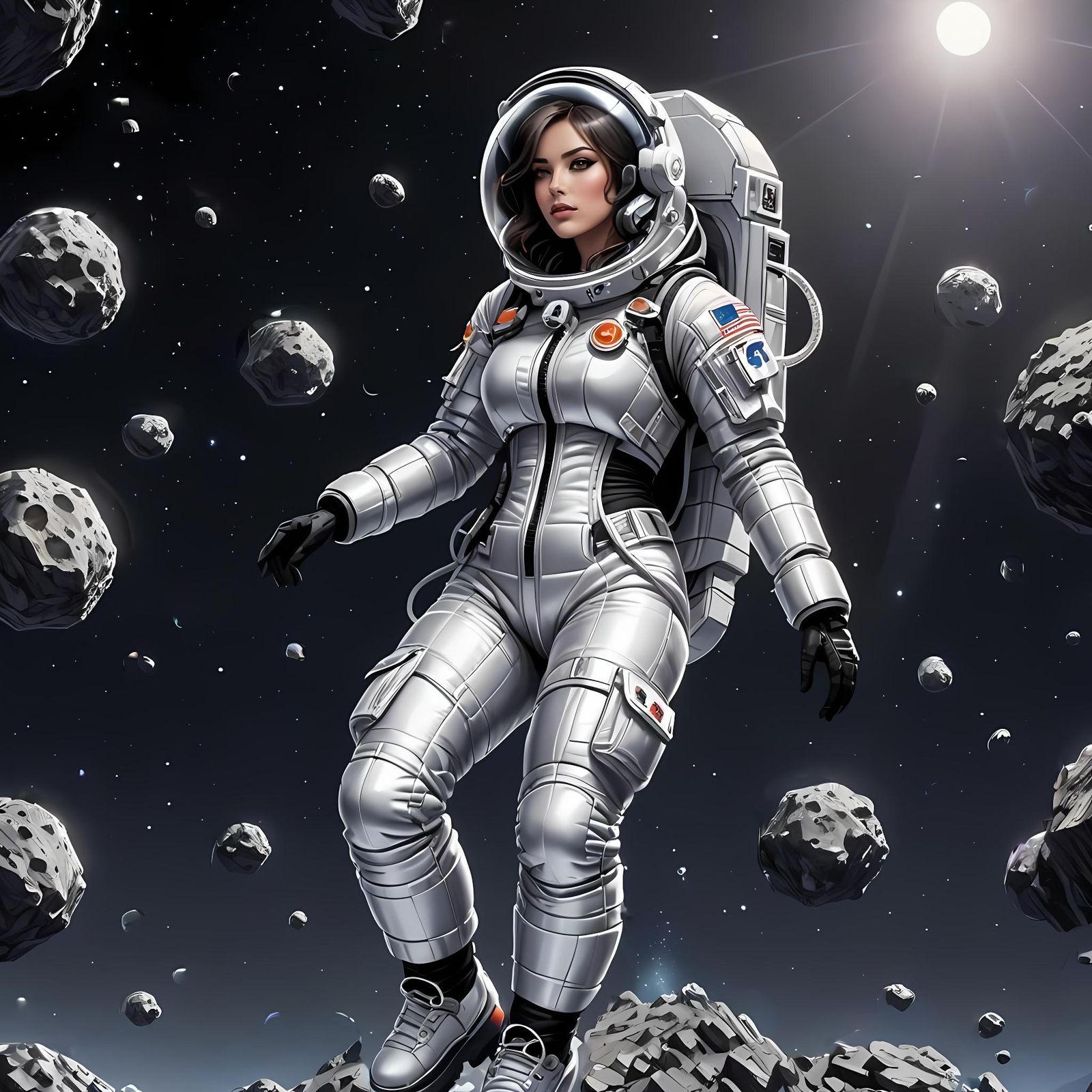 016 A beautiful female astronaut wearing a silver spacesuit during a spacewalk.