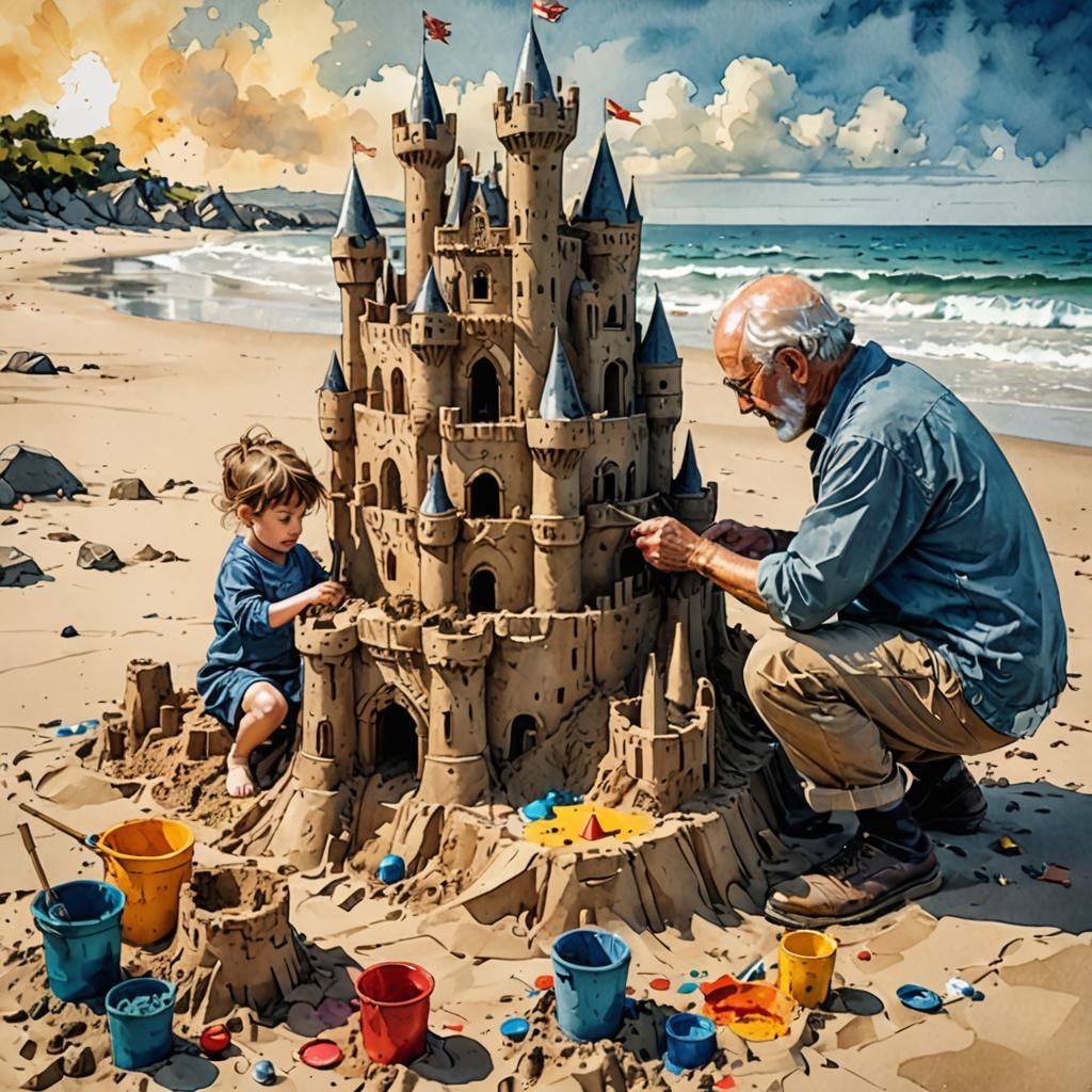 Father and Child Build Sandcastle: Vibrant Mixed-Media Art