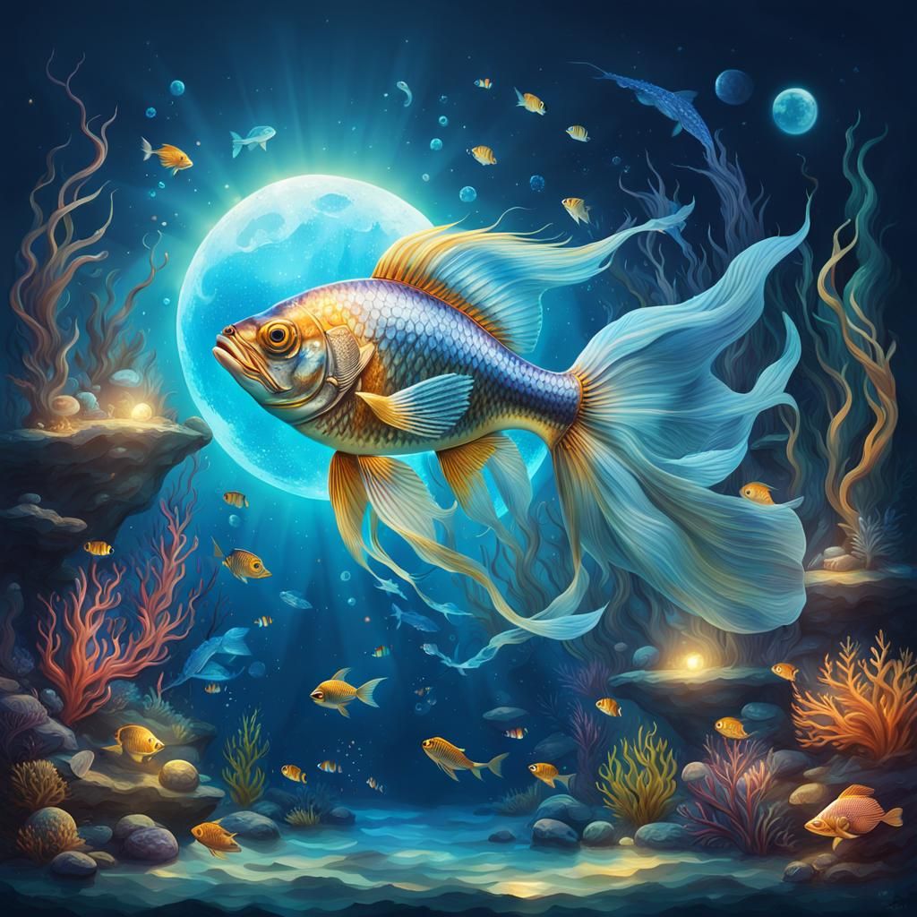 Magical Fish in Moonlit Underwater World