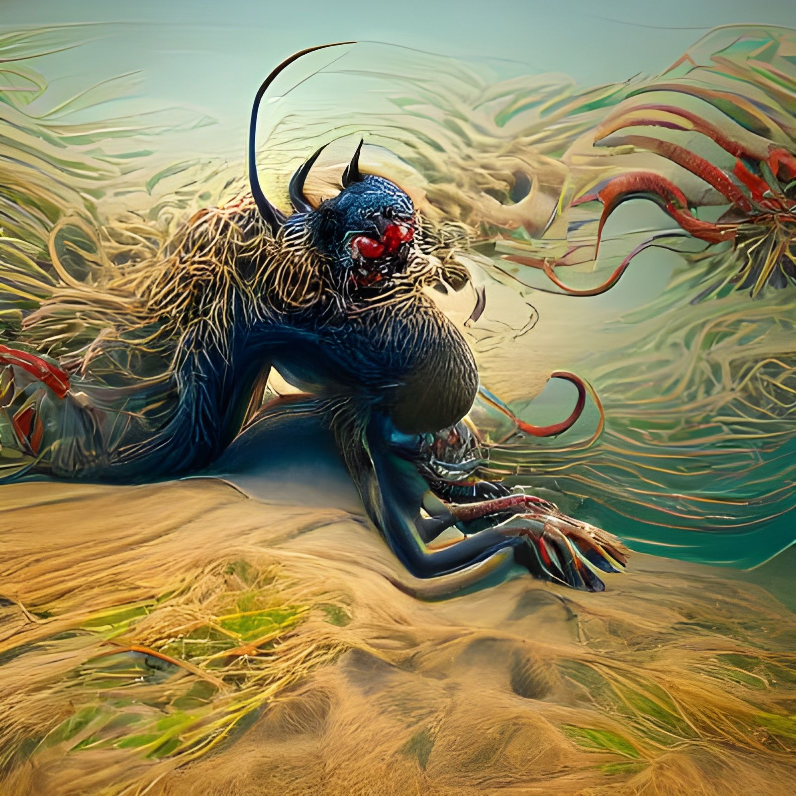 Terrifying Ushi-oni Yokai Attacks Beach: Cel-Shaded Illustra...