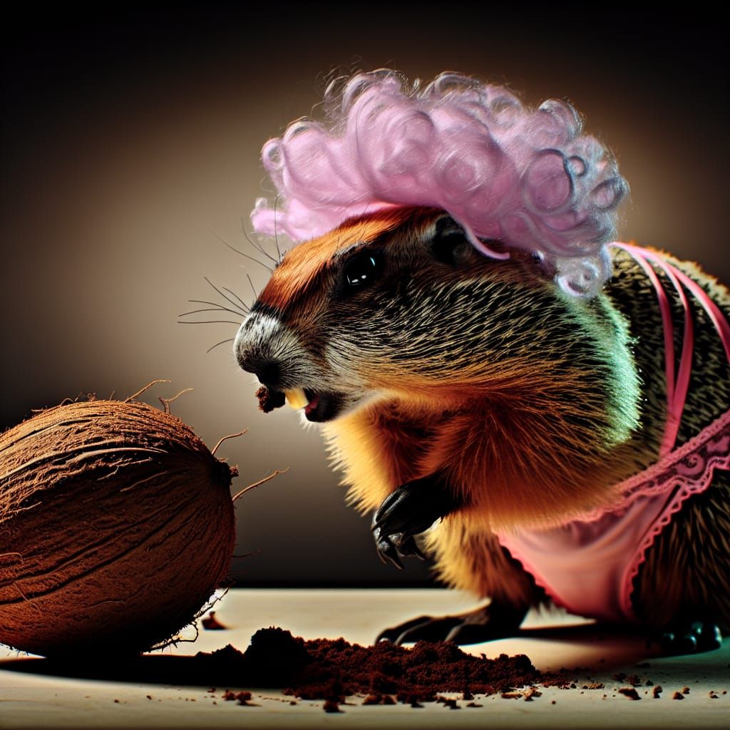 Groundhog Sniffs Coconut in Hyperrealistic Style