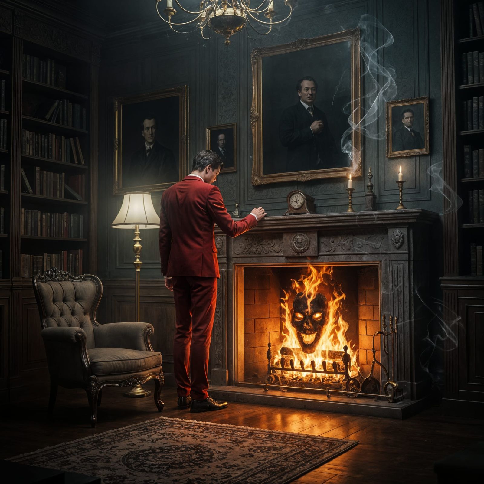 Haunted Victorian Study with Fiery Face