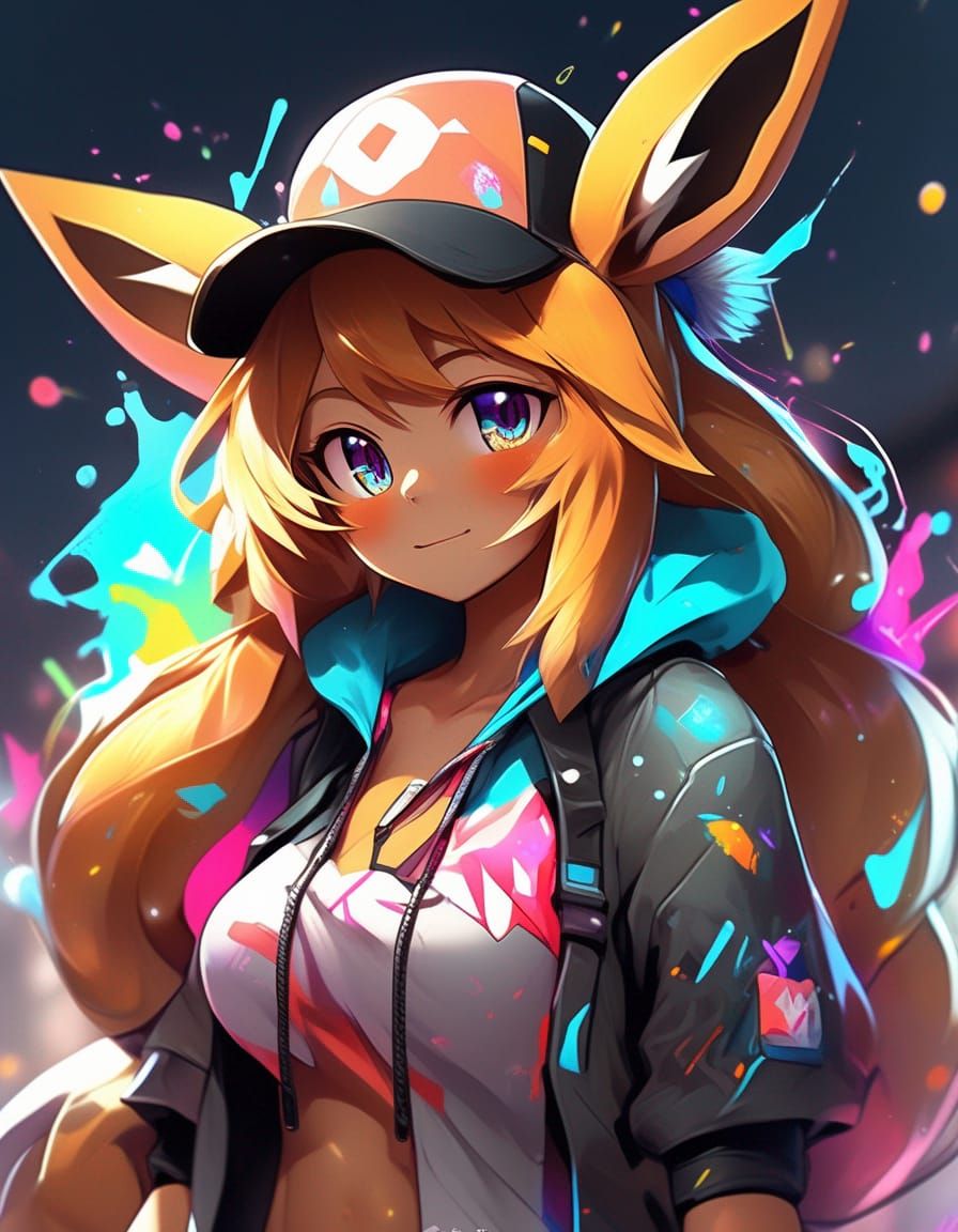 Anime Girl in Eevee Costume with Graffiti Art Style