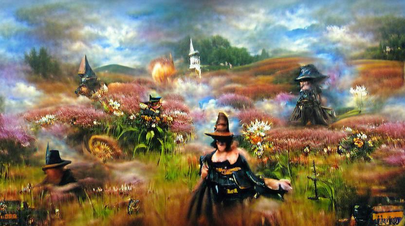 Steampunk Witch in Meadow, Impressionistic Style