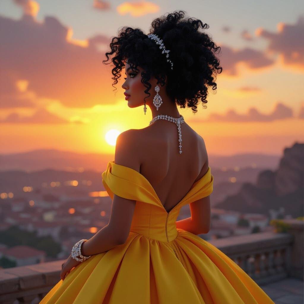 Woman in Yellow Dress at Sunset, Fantasy Matte Painting