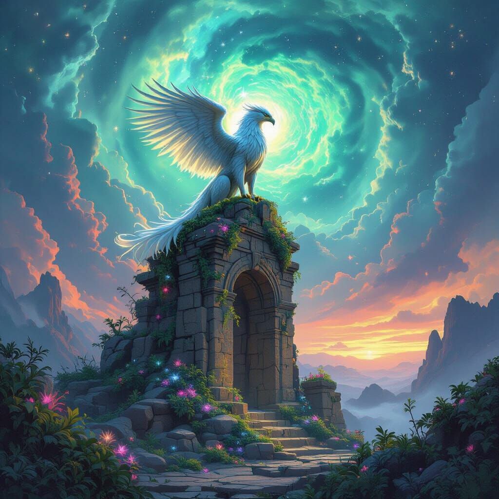 Majestic Griffin on Ruin Under Nebula Sky