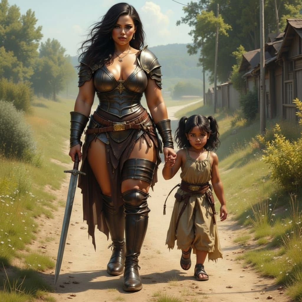 Warrior Leads Girl to Safety in Medieval Fantasy