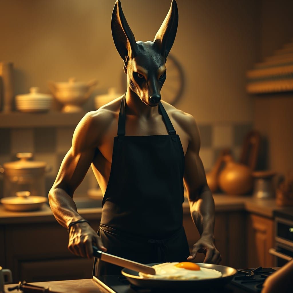 Anubis Cooks an Omelette in a Golden Kitchen